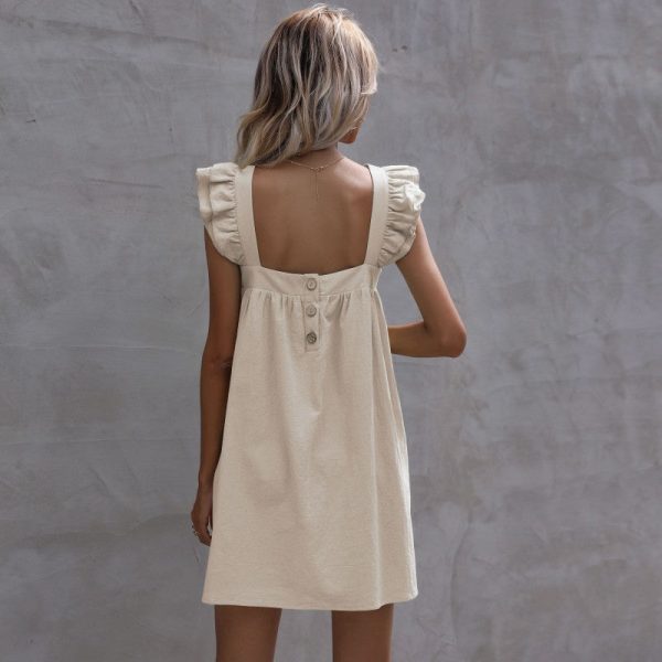 Alternative view of Women Summer Square Collar Slip Dress Loose Ruffle Solid Color Cotton Linen Casual Chic Dresses