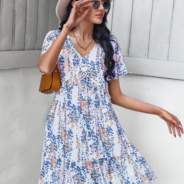 Sexy V Neck Floral Dress For Women Short Sleeve High Waist Casual Print Dresses Ladies Summer Chiffon Dress