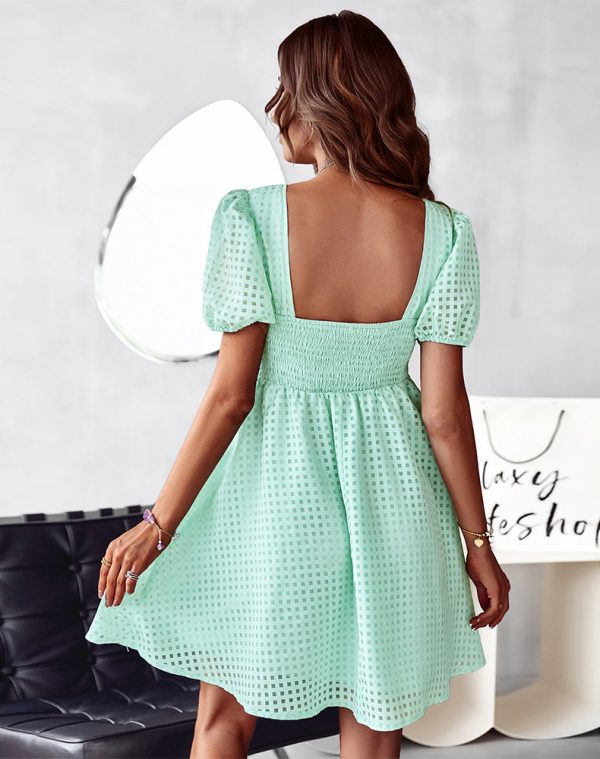 Elegant Dress Women Summer Solid Color Square Collar Short Sleeve High Waist A Line Causal Dresses
