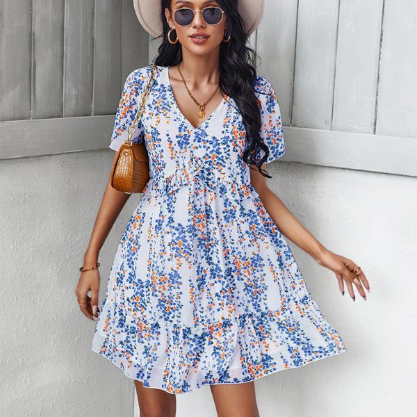 Alternative view of Sexy V Neck Floral Dress For Women Short Sleeve High Waist Casual Print Dresses Ladies Summer Chiffon Dress