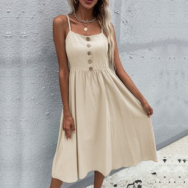 Fashion Summer Halter Sling Chic Dress For Women All Match Slim Solid Color Cotton Linen Chic Dress