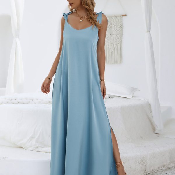 Women Spring Summer Solid Color V Neck Sleeveless Casual Loose Long Sling Dress For Ladies All Match Long Dress