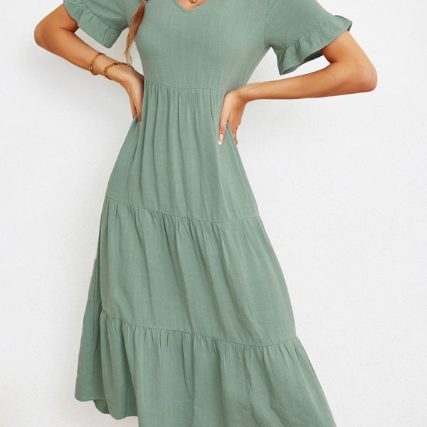 Alternative view of Summer Casual Long Dress Women Butterfly Sleeve V Neck Solid Elegant Sexy Temperament Party Dresses Leisure