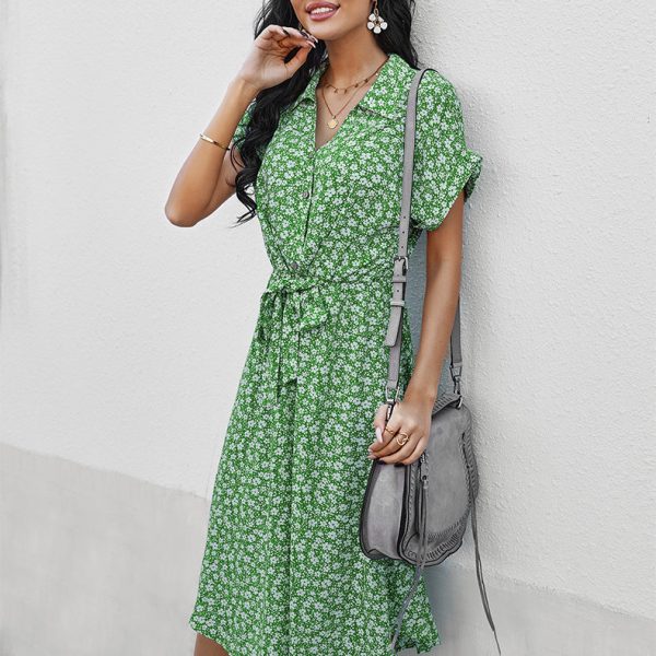 Alternative view of Spring Summer Turn Down Collar Solid Color Button Short Sleeve A Line Causal Floral Dress For Women Chic Dresses