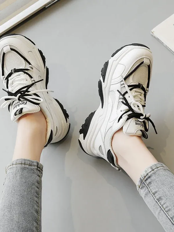 Spring Shoes For Women  Korean Style Fashion Thick-soled Heightened Sneakers Breathable Mesh Low-top Comfy Casual Shoes