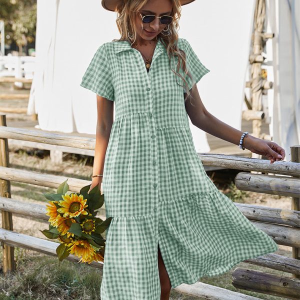 Spring Summer Plaid Shirt Dress Women Casual Short Sleeve High Waist Loose Dresses For Ladies Leisure Medium Long Dress