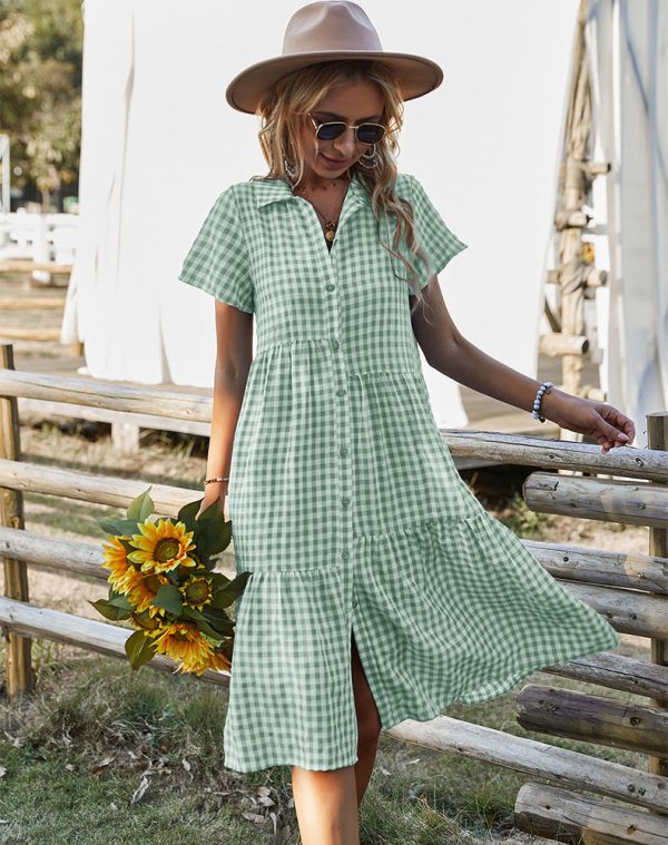 Spring Summer Plaid Shirt Dress Women Casual Short Sleeve High Waist Loose Dresses For Ladies Leisure Medium Long Dress