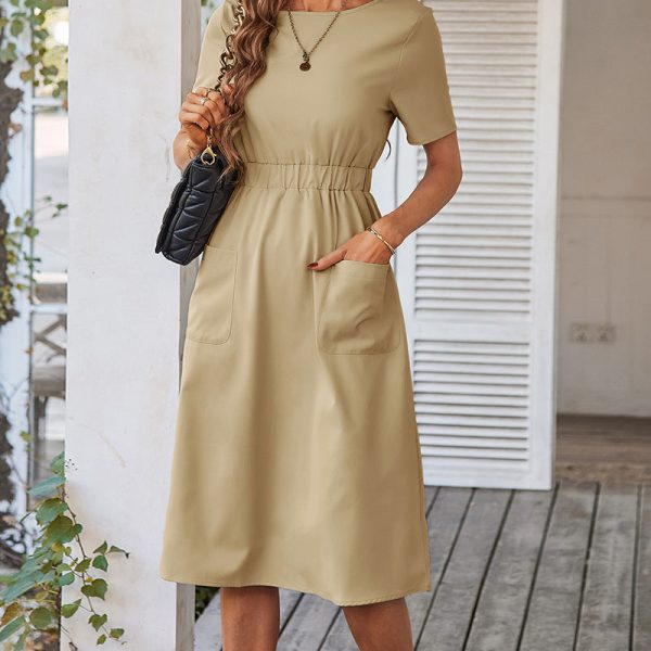 Temperament Commuter Casual Dresses Summer O Neck Short Sleeve Solid Color High Waist Chic Dress