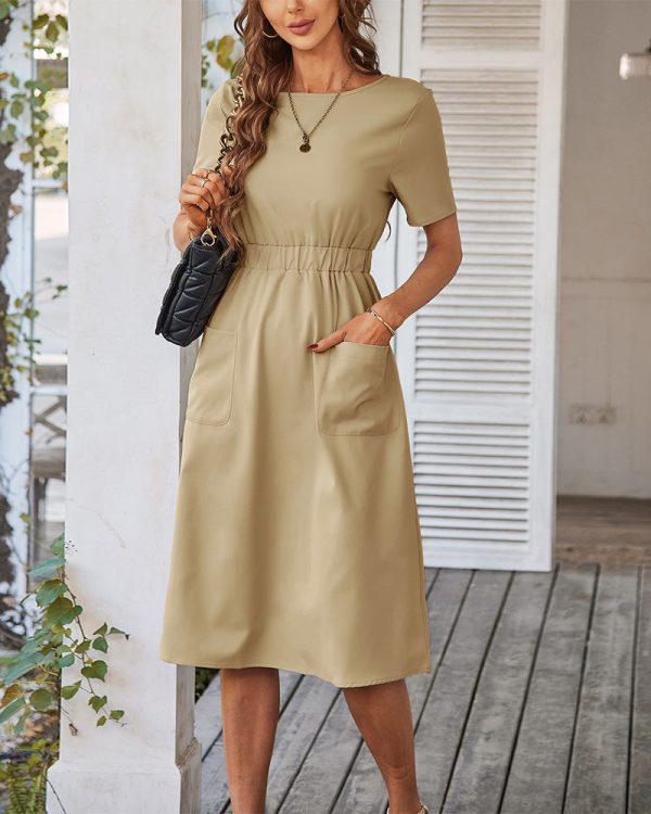 Temperament Commuter Casual Dresses Summer O Neck Short Sleeve Solid Color High Waist Chic Dress