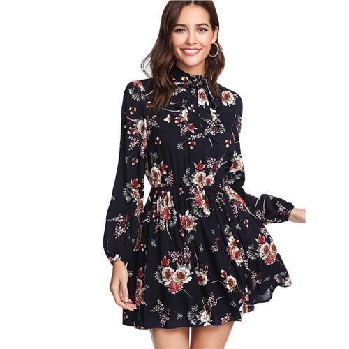 Autumn Floral Women Dresses Multicolor Elegant Long Sleeve High Waist A Line Chic Dress Ladies Tie Neck Dress - Hplify