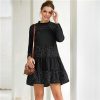 Black Contrast Polka Dot Frill Mock Neck Babydoll Dress Women Spring Long Sleeve Casual Flared Smocked Short Dresses - Hplify