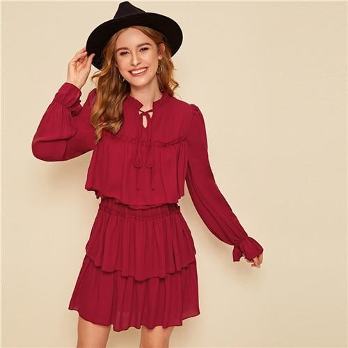 Black Frill Tie Neck Ruffle Trim Layered Mesh Party Mini Dress Women Autumn Stand Collar Shift Ladies Elegant Dresses - Hplify