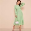 Frilled Cuff Pleated Panel Fit And Flare Maxi Dress Women Spring Elegant Solid High Waist A Line Long Dress Party Dress - Hplify