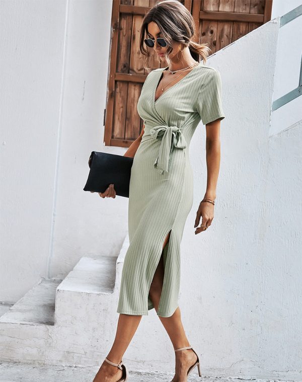 Summer Bandage Long Dress Ladies Casual Short Sleeve V Neck High Waist Knitted Dresses For Women Elegant