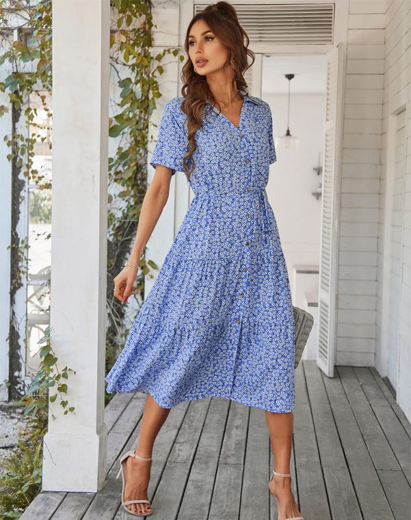 Ladies Spring Summer Long Print Dress Women Casual Short Sleeve V Neck Single Breasted Temperament Leisure Dresses