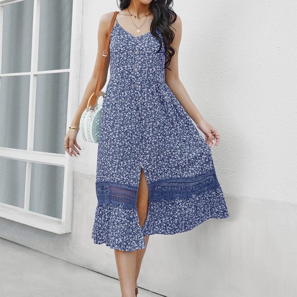 Women Spring Summer V Neck Single Button A Line Sleeveless Floral Long Dress For Fashion All Match Chic Dresses