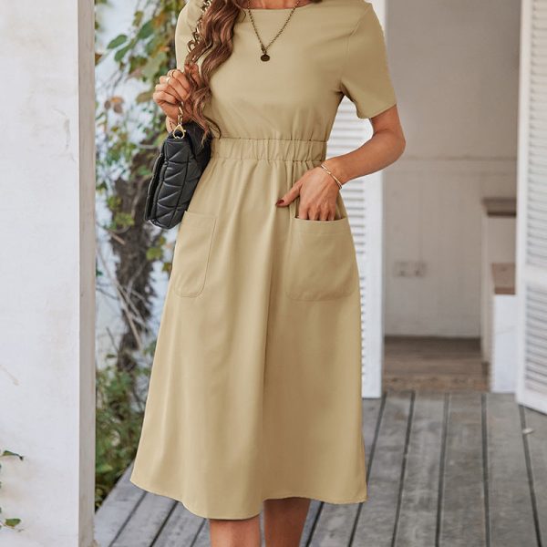 Alternative view of Temperament Commuter Casual Dresses Summer O Neck Short Sleeve Solid Color High Waist Chic Dress