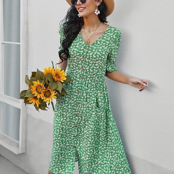 Women Spring Summer V Neck Single Breasted Pocket Small Floral Dresses For Ladies Fashion All Match Chic Dress