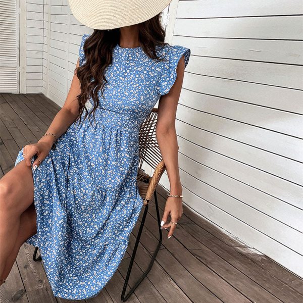 Summer Retro Women O Neck Sleeveless Midi High Waist Blue Floral A Line Chic Long Dress For Fashion