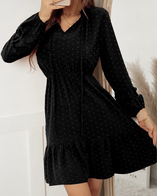 Medium Long Solid Jacquard Dress Women Casual High Waist Full Sleeve Spring Summer Dresses For Ladies Fashion