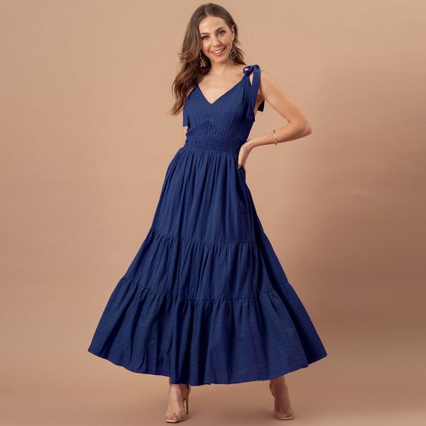 Fashion Slim Waist Jacquard Suspender Long Dress Summer Solid Color A Line Causal Women Dress