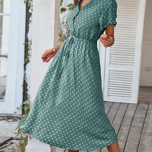 Summer Polka Dot A Line Lace Up Dress For Women Mori  V Neck Shirt Collar Swing High Waist Chic Dress