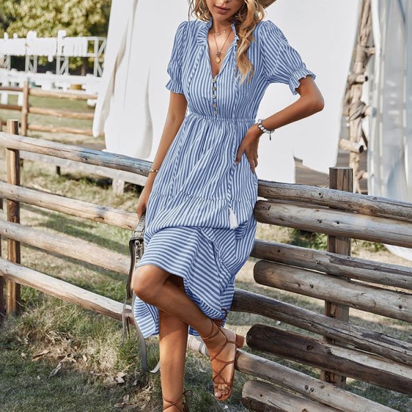 Spring Women  Striped Dress Causal Short Sleeve Tassel Medium Long Summer V Neck Button Dresses For Female