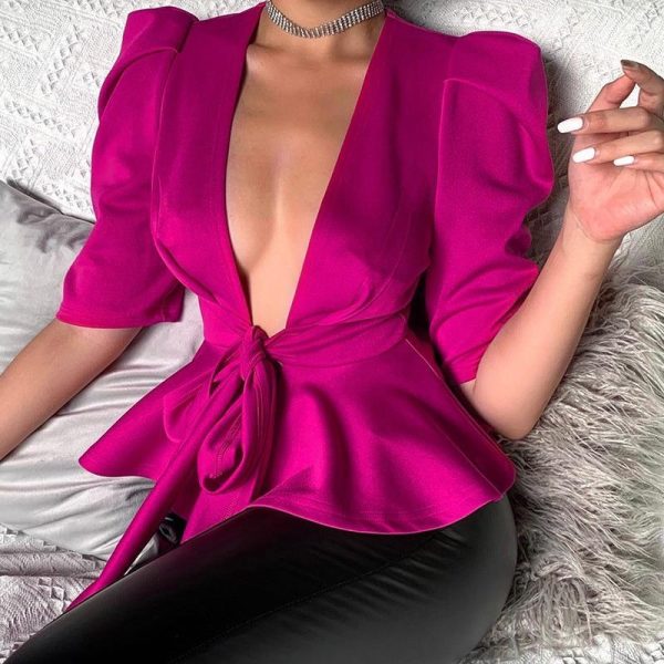 Sashes Tied Waist Puff Sleeve Tops Women Halt Sleeve Ruffles Hem Blouse Shirt Sexy V Neck Plunge Top Solid Halt Party Top Blusa - Hplify
