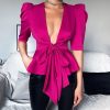 Sashes Tied Waist Puff Sleeve Tops Women Halt Sleeve Ruffles Hem Blouse Shirt Sexy V Neck Plunge Top Solid Halt Party Top Blusa - Hplify