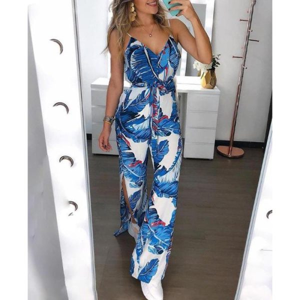 Sashes lace up long jumpsuit for women Summer casual loose rompers Split leg blue overalls for woman body mujer - Hplify