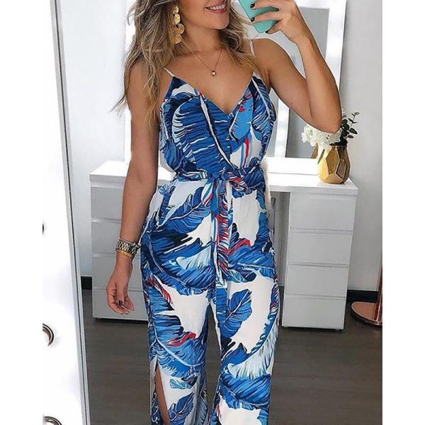Sashes lace up long jumpsuit for women Summer casual loose rompers Split leg blue overalls for woman body mujer - Hplify