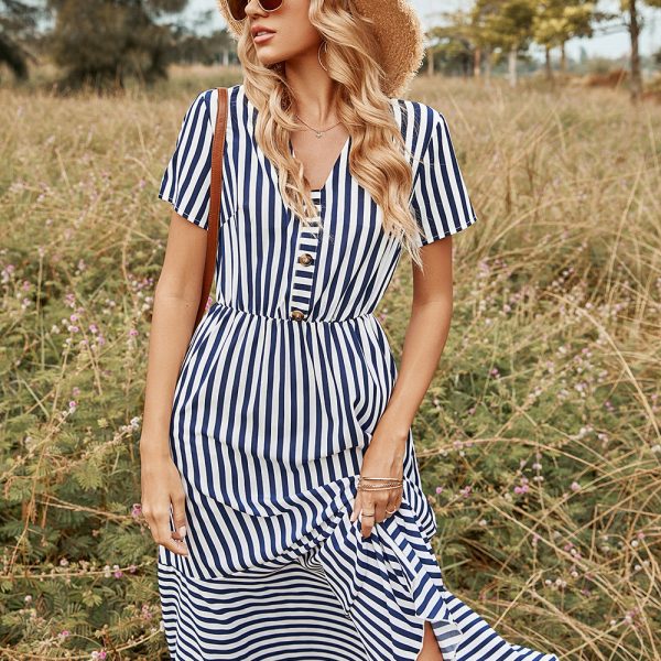 Women Spring Summer V Neck Short Sleeve Button Striped A Line All Match Causal Long Dresses