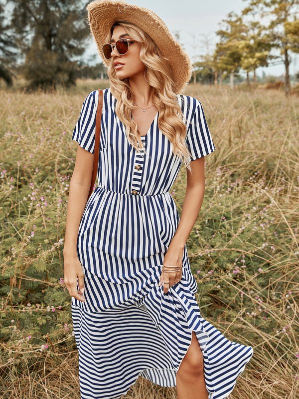 Women Spring Summer V Neck Short Sleeve Button Striped A Line All Match Causal Long Dresses