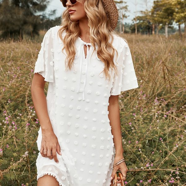 Spring Summer Sweet Short Dress For Women Lace Up O Neck Tassel Jacquard Solid Chiffon Dress Female Leisure