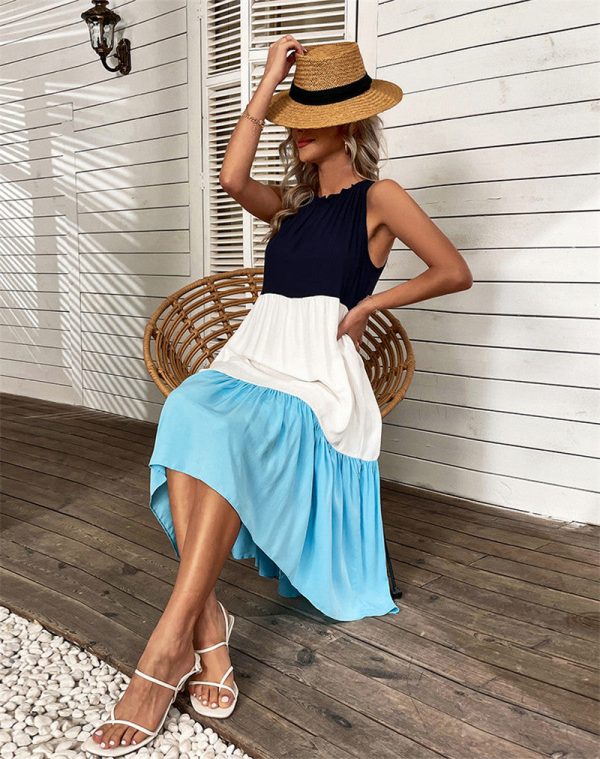 Summer Solid Patchwork Tank Dresses For Women Casual O Neck Sleeveless Loose Long Dress Ladies Leisure