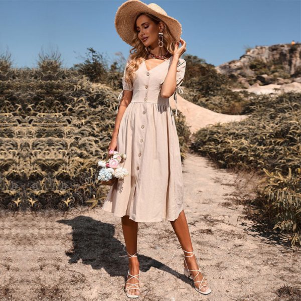 Alternative view of Summer Women Short Sleeve V Neck Solid Color Single Breasted Cotton Linen A Line Causal Dress