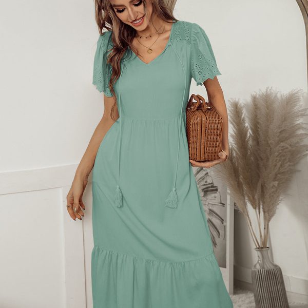 Alternative view of Solid V Neck Slim Long Dress For Women Casual Short Sleeve High Wasit Party Dresses Spring Summer Lady Elegant Dress