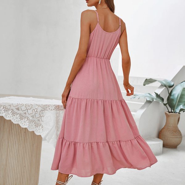 Alternative view of Spring Summer High Waist Mediumn Long Sling Dress Bohemian Multi-Layered Swing Pink Halter Dress
