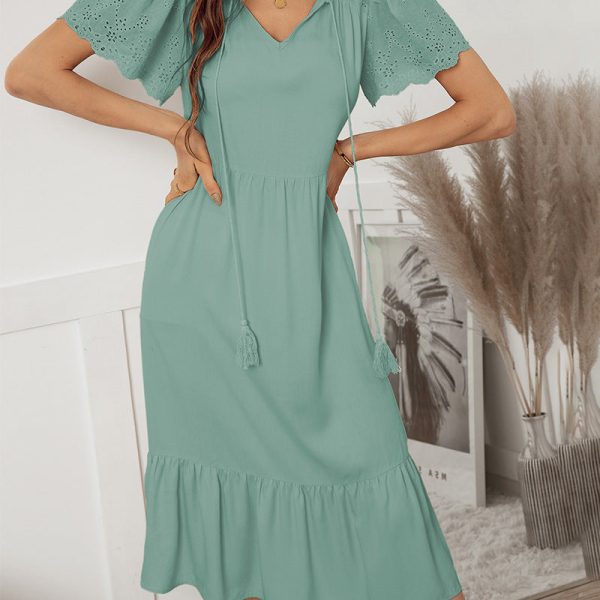 Solid V Neck Slim Long Dress For Women Casual Short Sleeve High Wasit Party Dresses Spring Summer Lady Elegant Dress