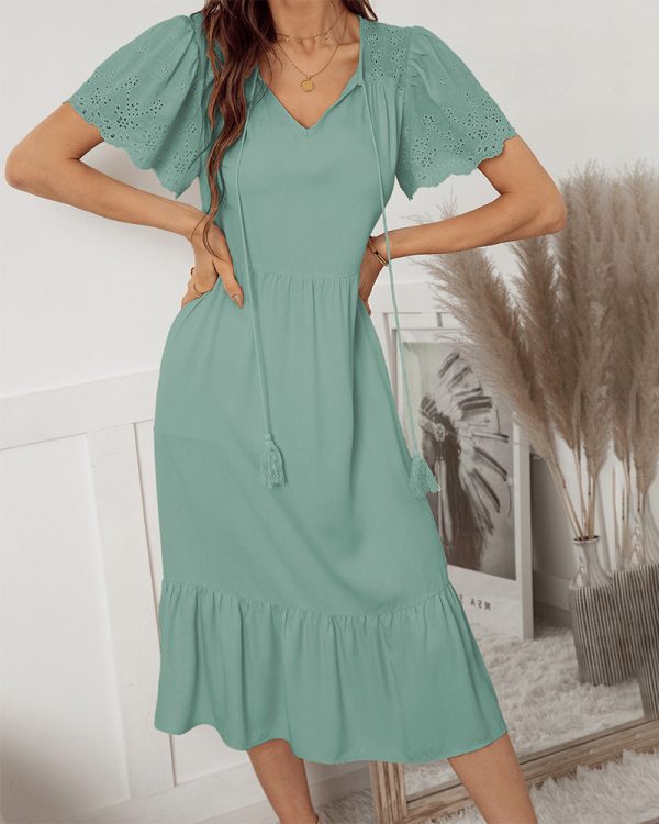 Solid V Neck Slim Long Dress For Women Casual Short Sleeve High Wasit Party Dresses Spring Summer Lady Elegant Dress