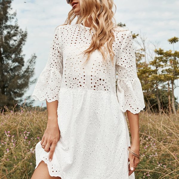 Spring Summer Women O Neck Half Sleeve White Cutout Loose All Match Chic Short Dress For Fashion
