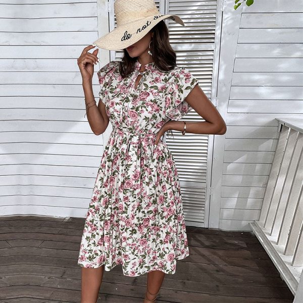 Fashionable Women Summer Vintage Dress Printed  Mediumn Long White Chic Floral A Line Dress