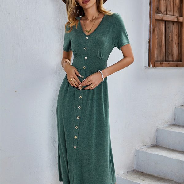 Spring Summer V Neck Solid Color Button Short Sleeve A Line Causal Long Dress For Women All Match Chic Dresses