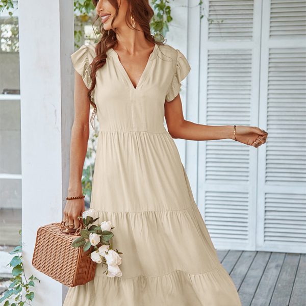 Women Spring Summer Leisure Vacation A Line Dress V Neck Sexy Flying Sleeve Solid Color Dresses
