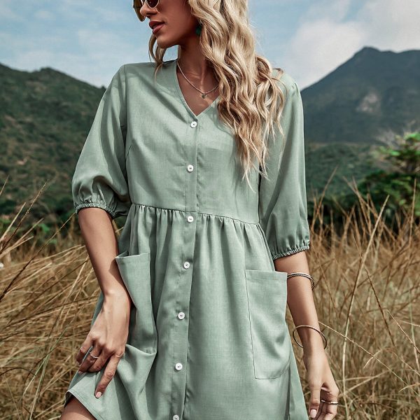 Women Spring Summer Solid Color Single Breasted V Neck Half Sleeve Elastic Waist Loose Ladies Dress