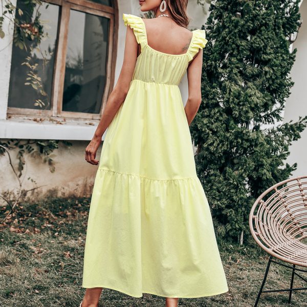 Alternative view of Spring Summer Women Yellow Sling Dress High Waist Sleeveless Square Collar Chic Long Swing Dress