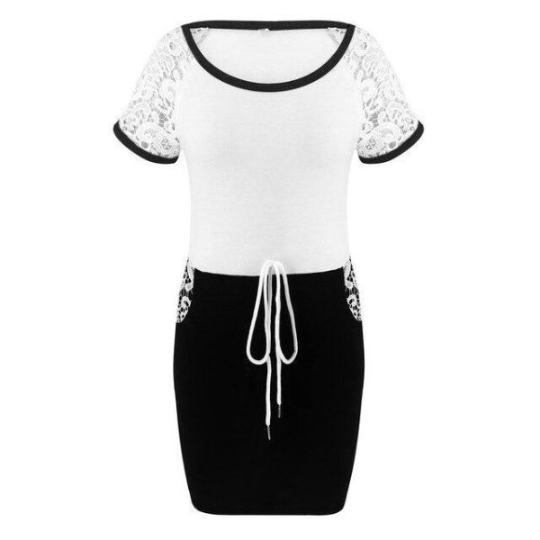 Sexy Dress Short Sleeve Lace Patchwork Lace Up Estic Waist Black Gray Short Sleeve Women Dress Bodycon Dress Women - Hplify