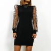 Sexy Dress Women Club Wear Bodycon Dress Casual Dot Printed Mesh Patchwork Turtleneck  Long Sleeve Women Dress - Hplify