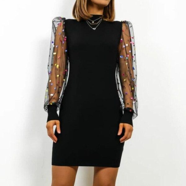 Sexy Dress Women Club Wear Bodycon Dress Casual Dot Printed Mesh Patchwork Turtleneck  Long Sleeve Women Dress - Hplify