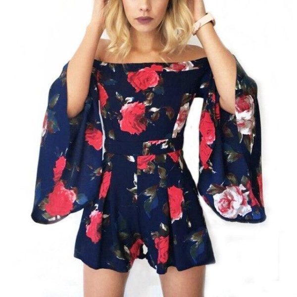 Sexy Fliral Print Off Shoulder Slash Neck Sleeveless Ruffled Rompers Womens Short Jumpsuit Summer Overalls Sexy Playsuit - Hplify